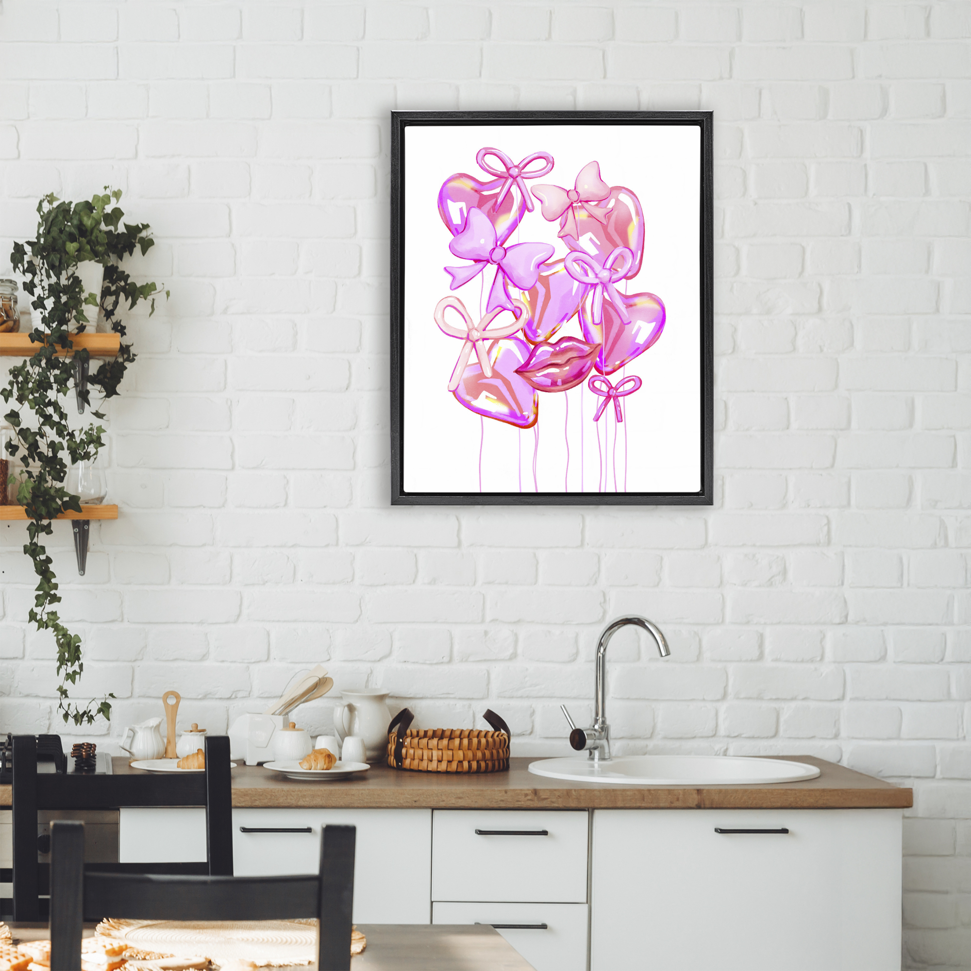 Pink Heart and Bow Balloons Black Framed Floater Canvas Wall Art, design by Ziwei Li