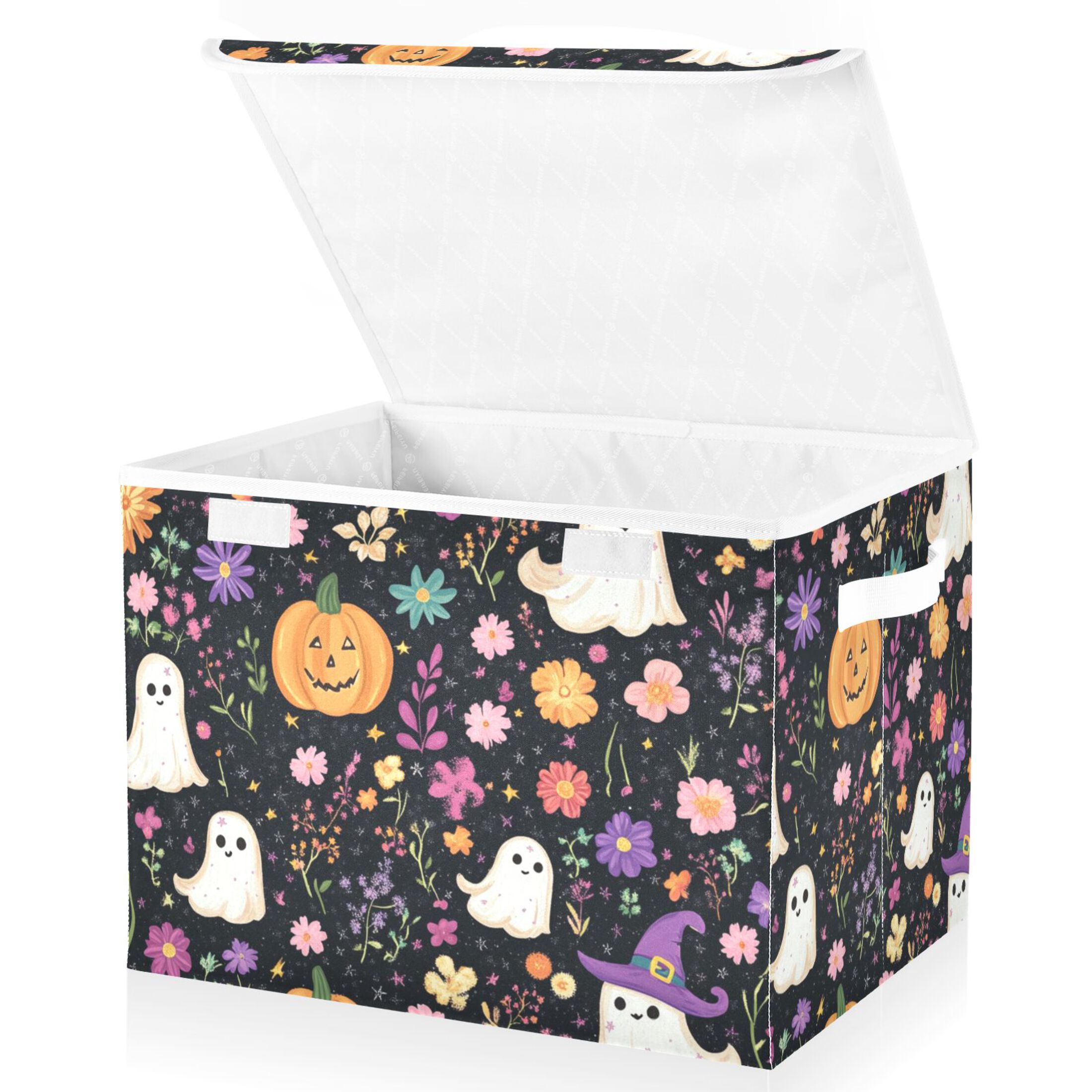 Halloween Specters Pumpkins Flowers Crayon Painting Foldable Storage Bin with Lid and Handle Collapsible Storage Box 16.5 x 12.6 x 11.8 inches
