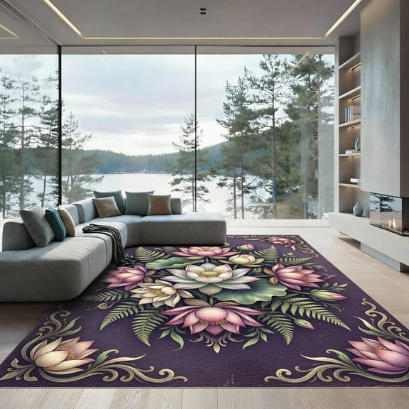 ODIKA 4' x 6' Machine Washable Non-Slip Area Rug, oriental floral High Traffic Rug, Purple, 1169711
