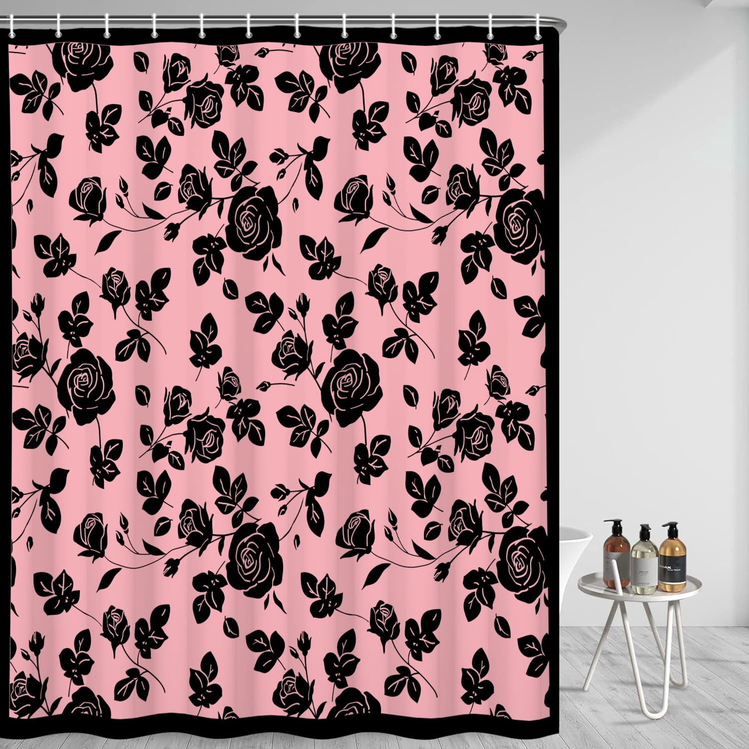 MIZHONA Black and Pink Floral Shower Curtain Vintage Rose Print Waterproof Fabric Bathroom Curtain 72x78 in