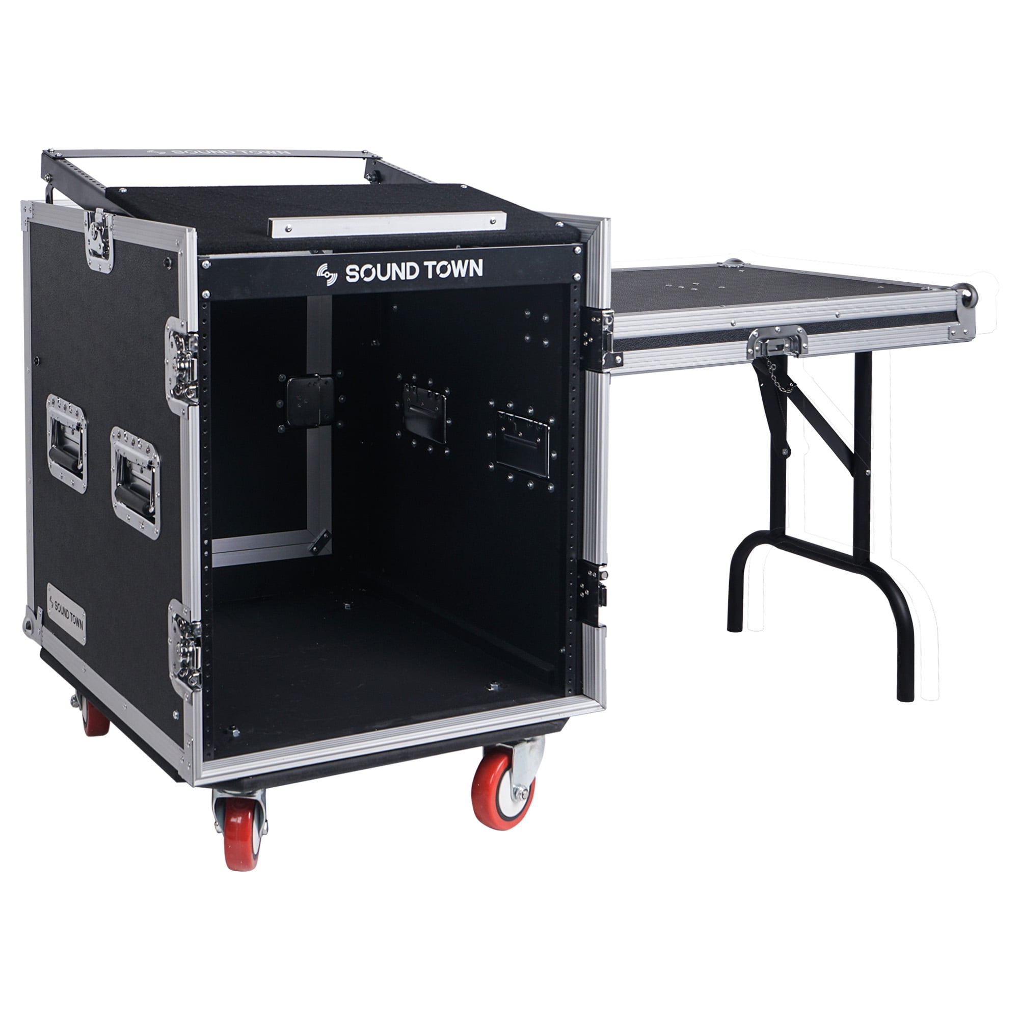 Sound Town 12U PA DJ Rack/Flight/Road Case with 11U Slant Mixer Top, 20’’ Rackable Depth, DJ