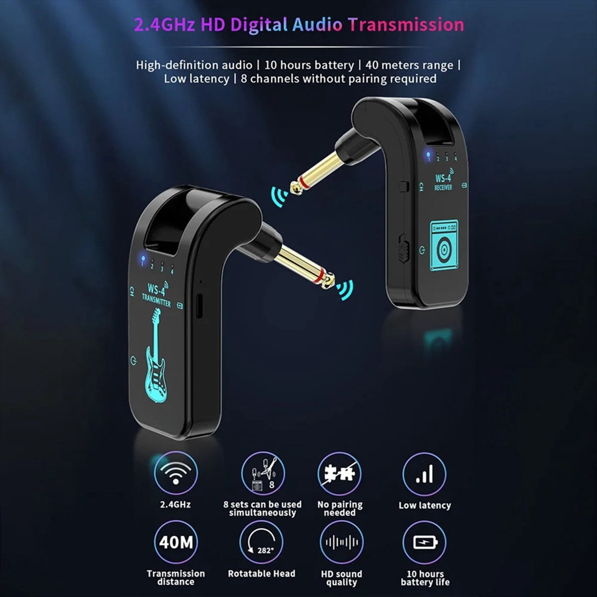 2.4G Wireless Guitar System Rechargeable Guitar Transmitter Receiver 48K/16bit Real-Time Transmission Rotatable Plug,B