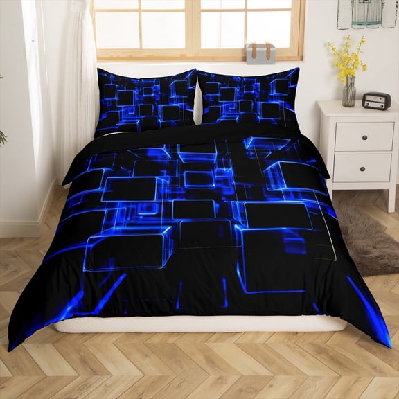 Erosebridal Futuristic Cubes Comforter Cover Twin,Neon Blue Bedding Twin Size,Microfiber Reversible Comforter Cover Twin,Geometric Room Decorative,3-Piece(No Comforter)
