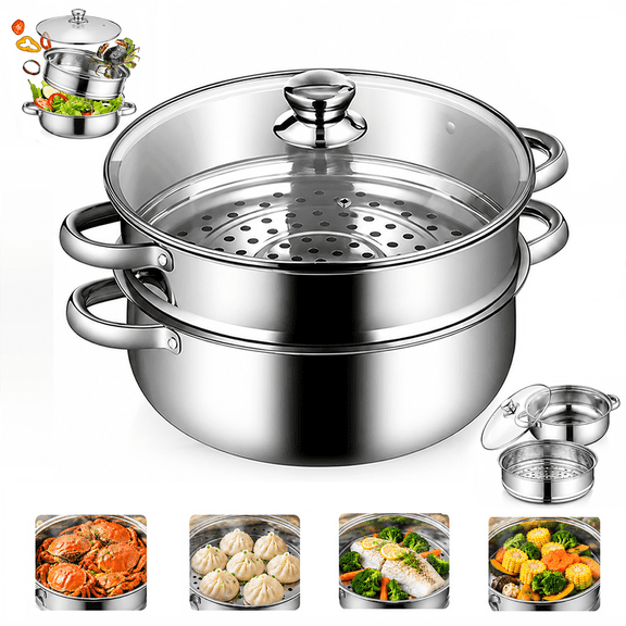 LEYEET Multipurpose 11-Inch 2-Tier Stainless Steel Steamer Pot with Lid for Cooking Vegetables, Dumplings, Stocks, Sauces, Food Cooker Pot Dim Sum Cookware Steamer