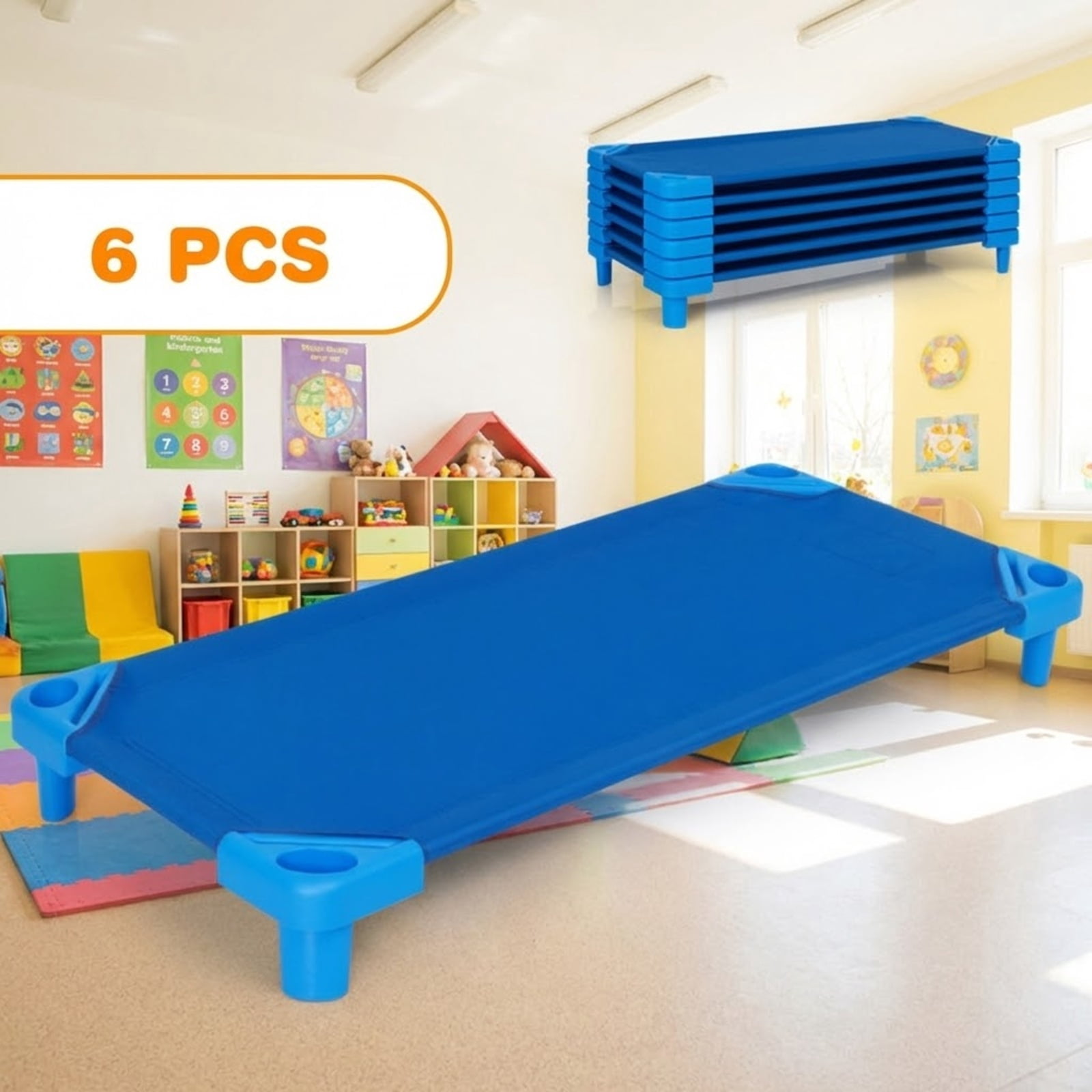 Furnibear Toddler Bed 52 x 23 Inch Pack of 6 Kids Stackable Daycare Rest Mat, Blue