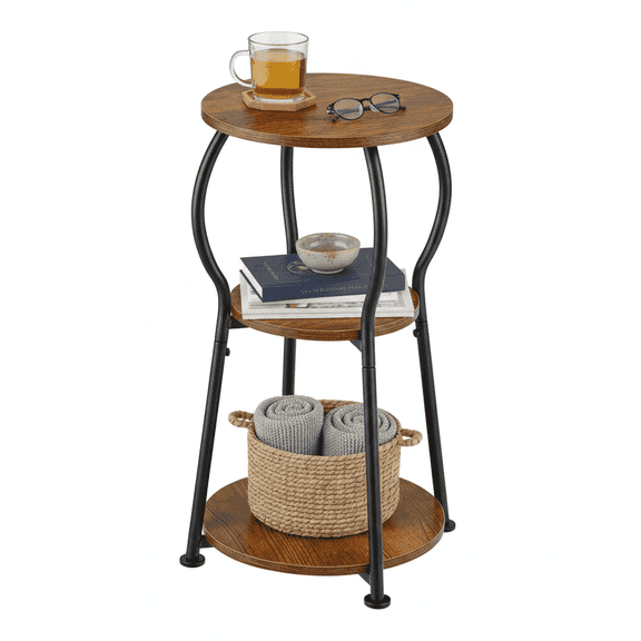 Vintage Round Side Table, 3-Tier Slim End Table with Storage Shelf,Compact Tea Table Beside Sofa or Bed, Corner Coffee Table Nightstand for Living Room Bedroom Small Spaces,Rustic Brown