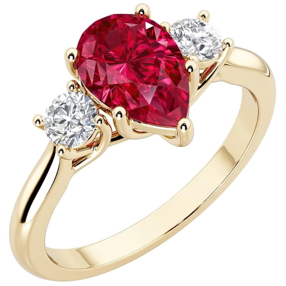 PEORA 14K Yellow Gold Pear Shape Created Ruby and Lab Grown Diamond 3 Stone Trellis Ring, 2 Carats total, Size 9.5