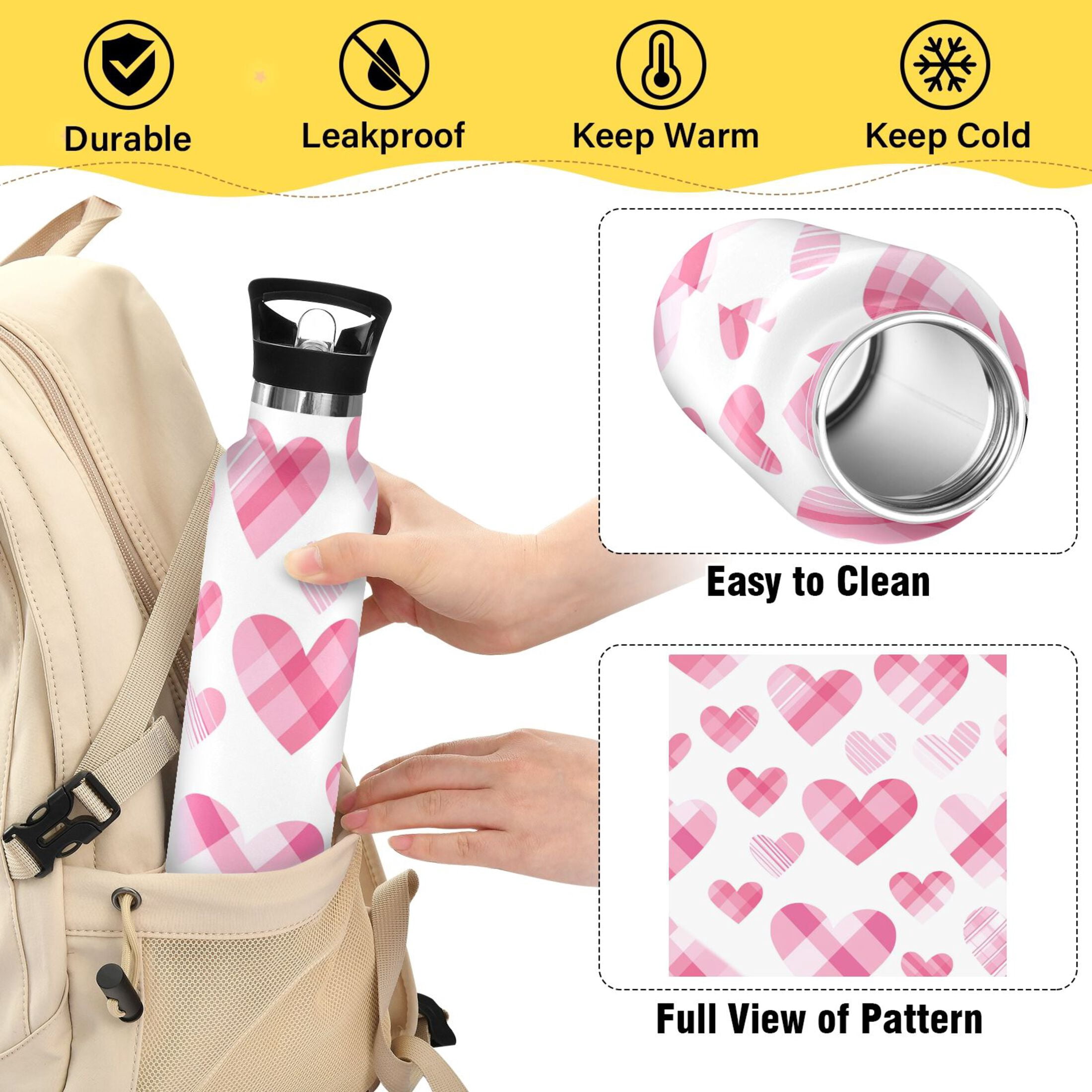 Kids Insulated Stainless Steel Sports Water Bottle 600ml (20oz), BPA-Free Seamless Pink Heart Pattern
