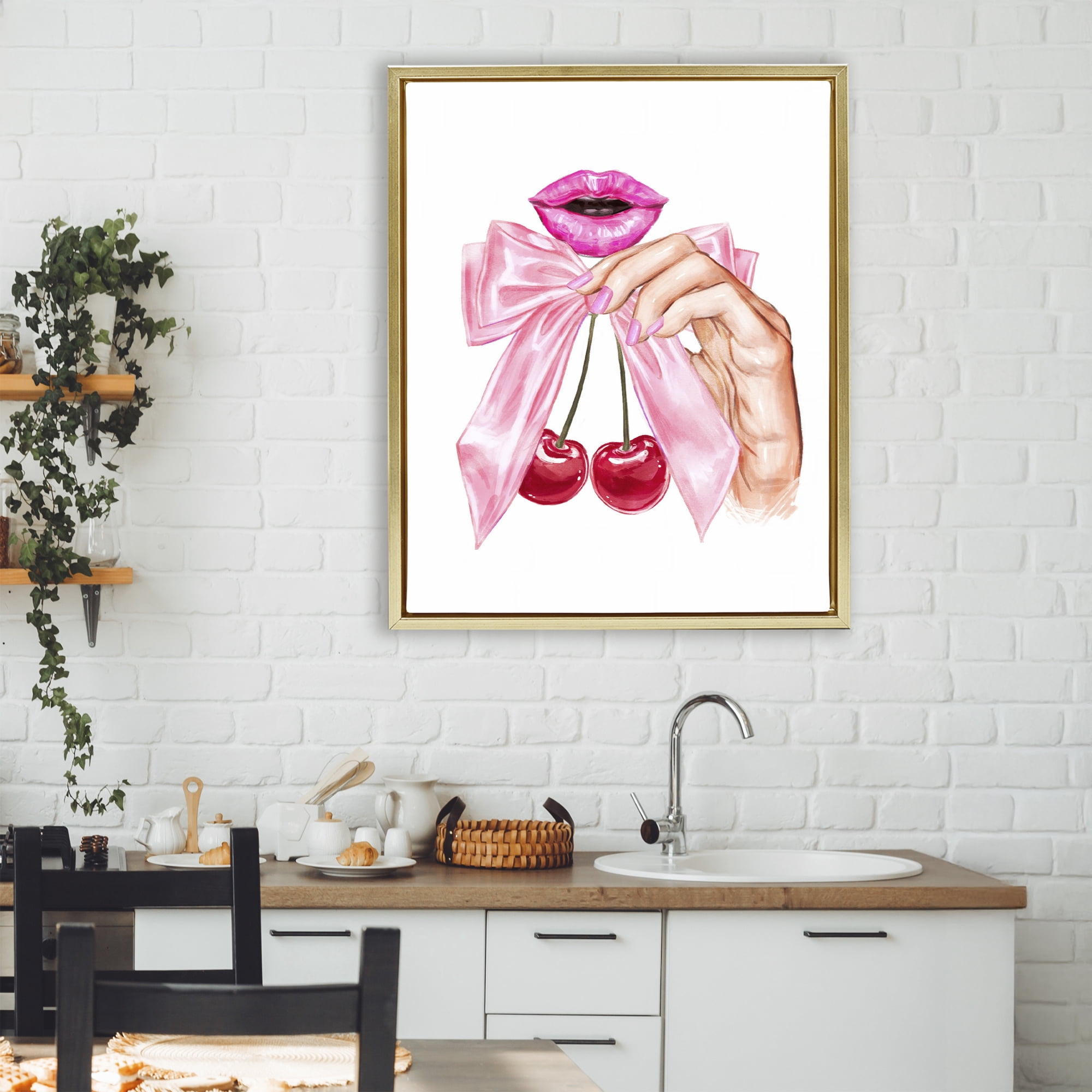 Stupell Industries Lips & Feminine Cherries Gold Framed Floater Canvas Wall Art, design by Ziwei Li