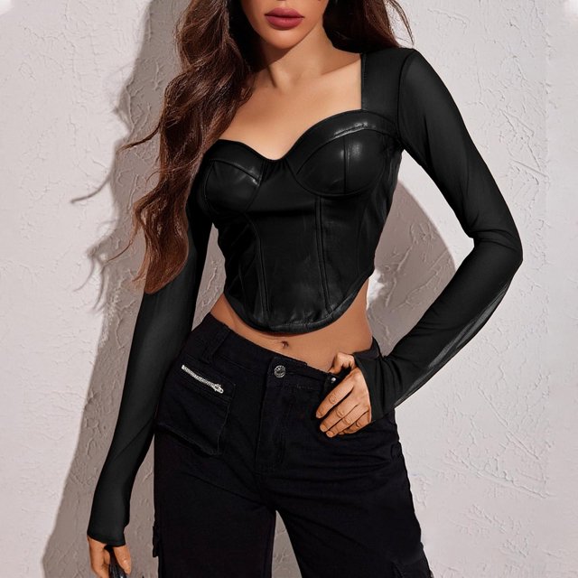 MHFRRA Camiseta Corta Sexy de Manga Larga para Mujer, Cuello Cuadrado, Malla, Espalda descubierta, Ajustada, con Ribete de Cuero, Elegante y Elegante, Informal. Negro