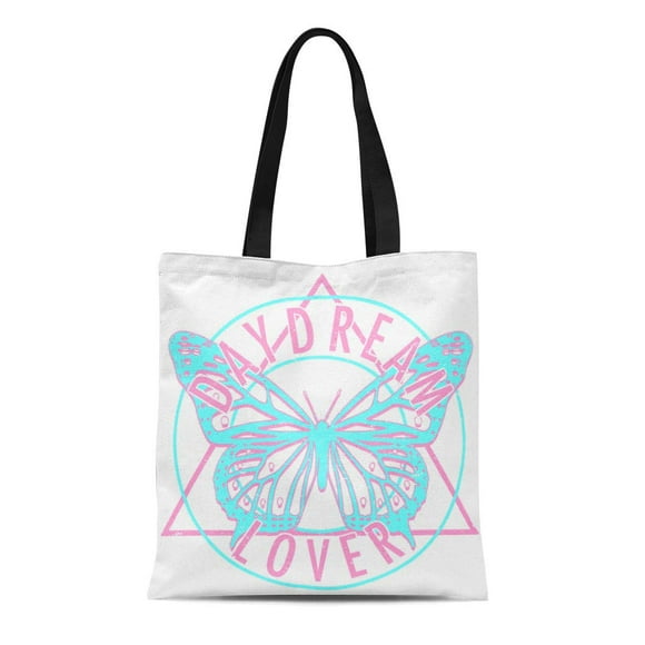 JSDART Canvas Tote Bag Girly Butterfly Lettering Daydream Lover Romantic Young Beads Beauty Durable Reusable Shopping Shoulder Grocery Bag