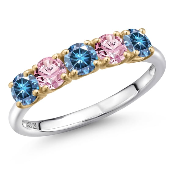 Gem Stone King 925 Silver and 10K Yellow Gold Persian Blue Moissanite and Pink Lab Grown Diamond Wedding-Bands Ring for Women | 1.19 Cttw | Round 4MM | Gemstone Birthstone | Size 6
