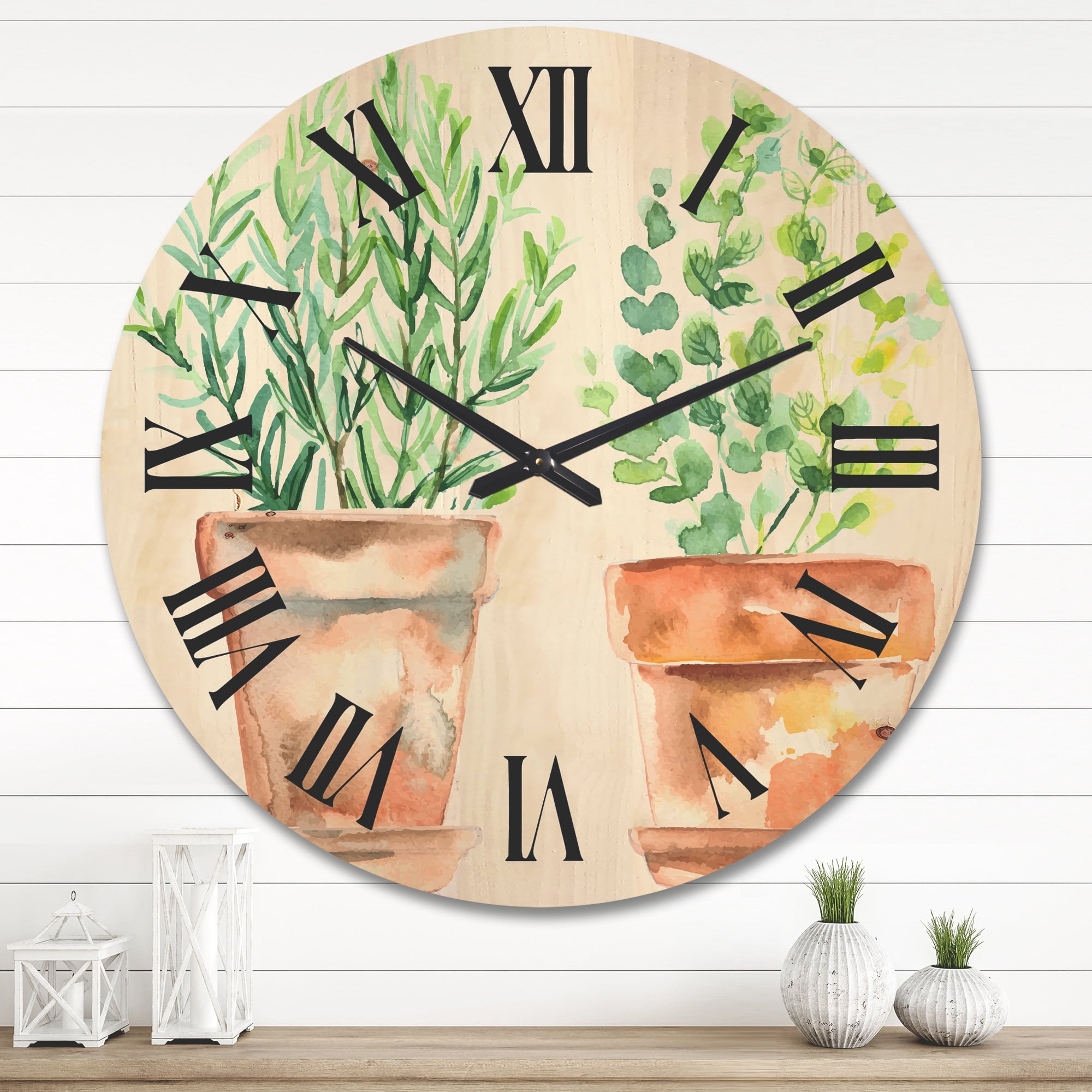 Designart 'Two Green House Plants In Orange Cly Pots' Traditional Wood Wall Clock