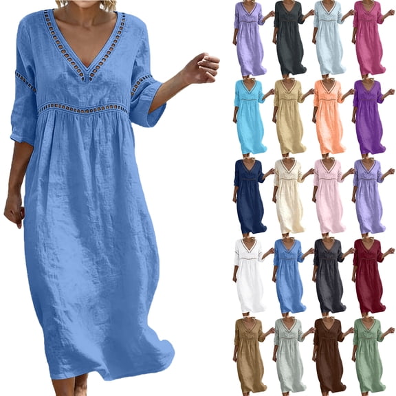 Summer Dresses for Women Plus Size V-Neck Short Dress Summer Fashion Solid Color Short Sleeve Above Knee Ruffle Dress Women's Loose-Fit Casual Swing Dress
