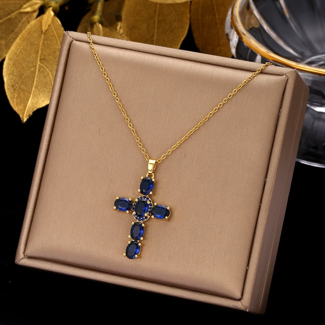 Colgante de cobre con circonitas en forma de cruz, elegante, de lujo, clásico, con cadena de clavícula, pequeño, vintage, de acero y titanio
