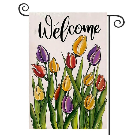 DMERBYL Welcome Spring Floral Flowers Garden Flag Double Sided, Tulip Decorative Yard Outdoor Home Small Decor, Summer Farmhouse Burlap Outside House Decoration 12 x 18