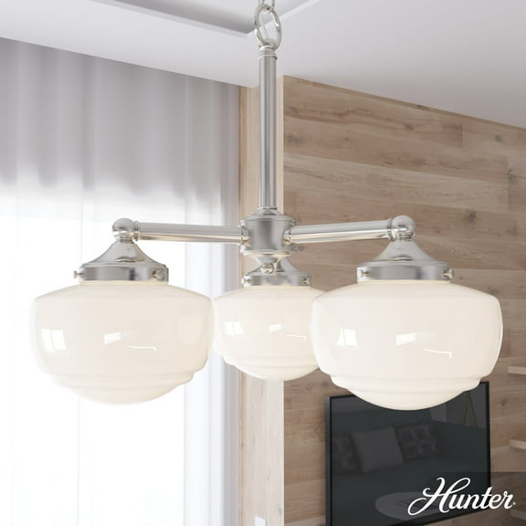 Hunter - Saddle Creek 3-light Brushed Nickel, Medium Size Chandelier, Dimmable, Schoolhouse Style, Candle Shaped, for Bedrooms, Dining, Living Rooms - 19355