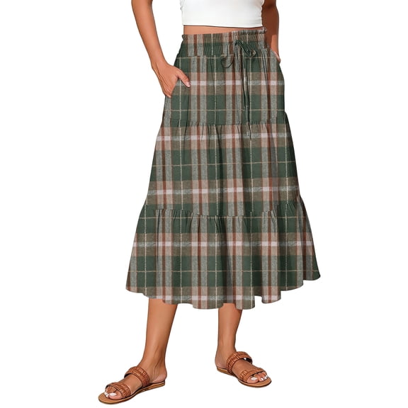 Cozyvia Women's Plaid Skirt Full Length Checkered Boho Maxi Skirts Casual Loose Elastic High Waisted A Line Long Flowy Skirts - Green M