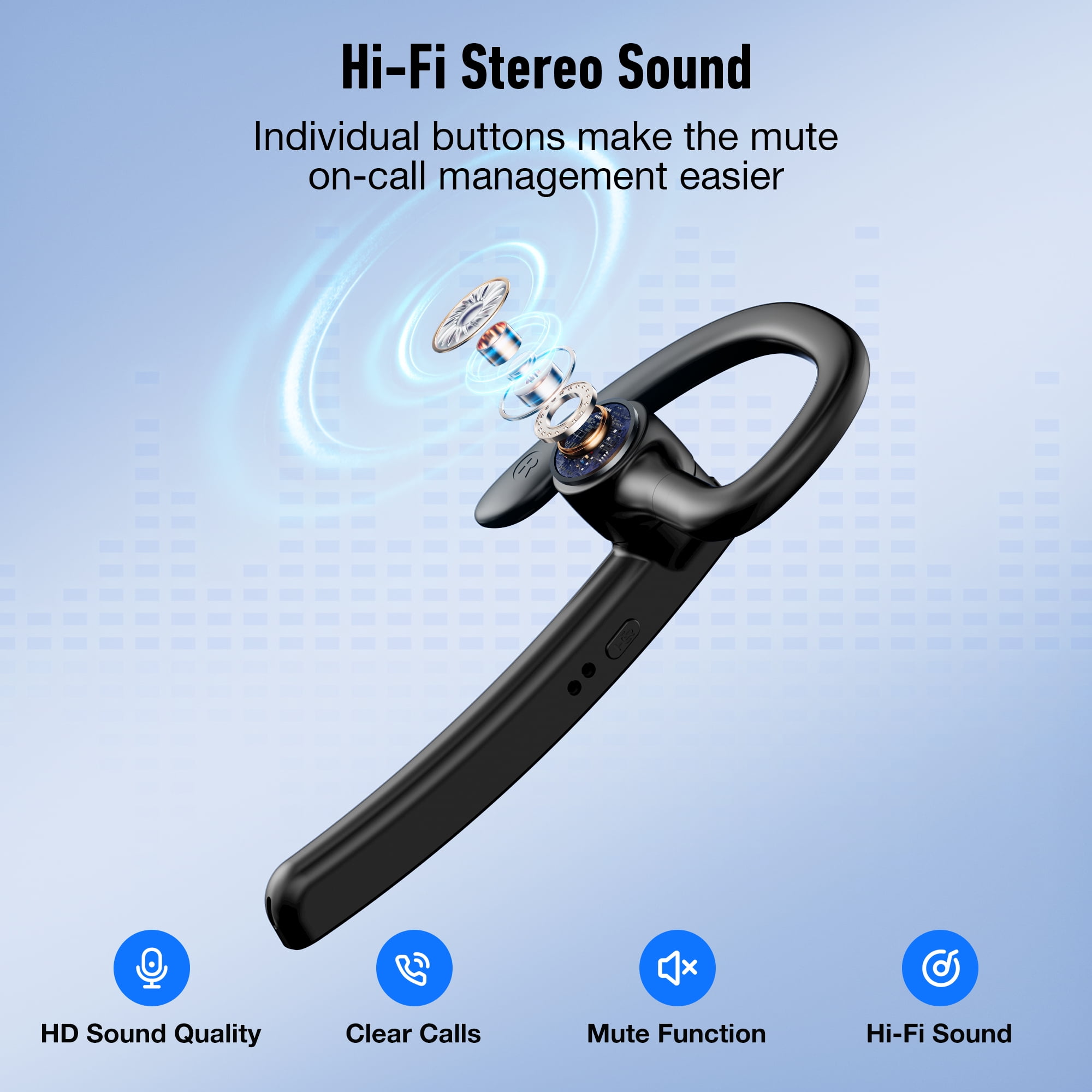 Bluetooth Headset, Single-Ear Wireless Earpiece with ENC Mic with HiFi Stereo Sound, 110H Playtime, Handsfree Waterproof Wireless Headset with 600mAh Charging Case