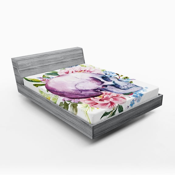 Skull Fitted Sheet, Watercolor Abstract Dead Human Head with Floral Details Leaves Buds Flowers Print, Decorative Soft Bedding All-round Elastic Pocket, California King, Multicolor, by Ambesonne