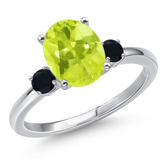 Gem Stone King 14K White Gold Yellow Lemon Quartz and Black Onyx Engagement Ring for Women | 2.20 Cttw | Oval 10X8MM | Gemstone Birthstone | Size 6