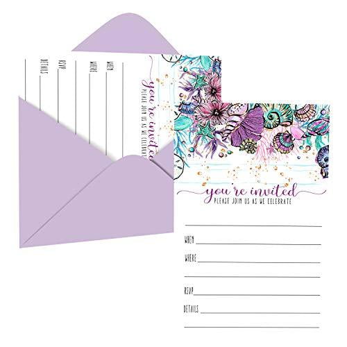 Enchanting Seashells Invitations with Envelopes Pack of 15 Blank Invites Girls Baby Shower, Wedding, Birthday, Any Event Mermaid Designs Purple and Gold Printed Card Set 4x6 Paper Clever Party