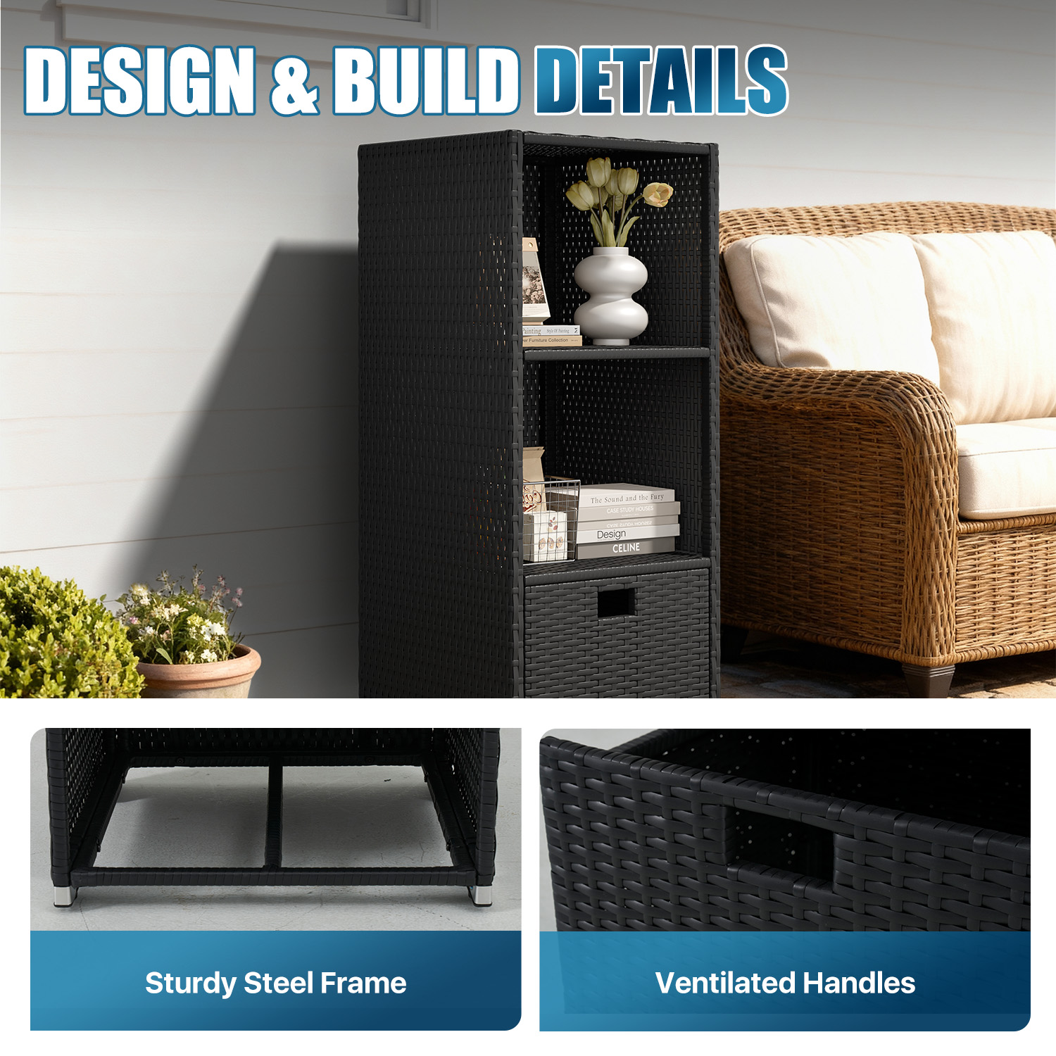 BaPiPro Wicker Poolside Storage Cabinet with Drawer, Outdoor Rattan Pool Towel Organizer for Patio, Backyard, 45" Black