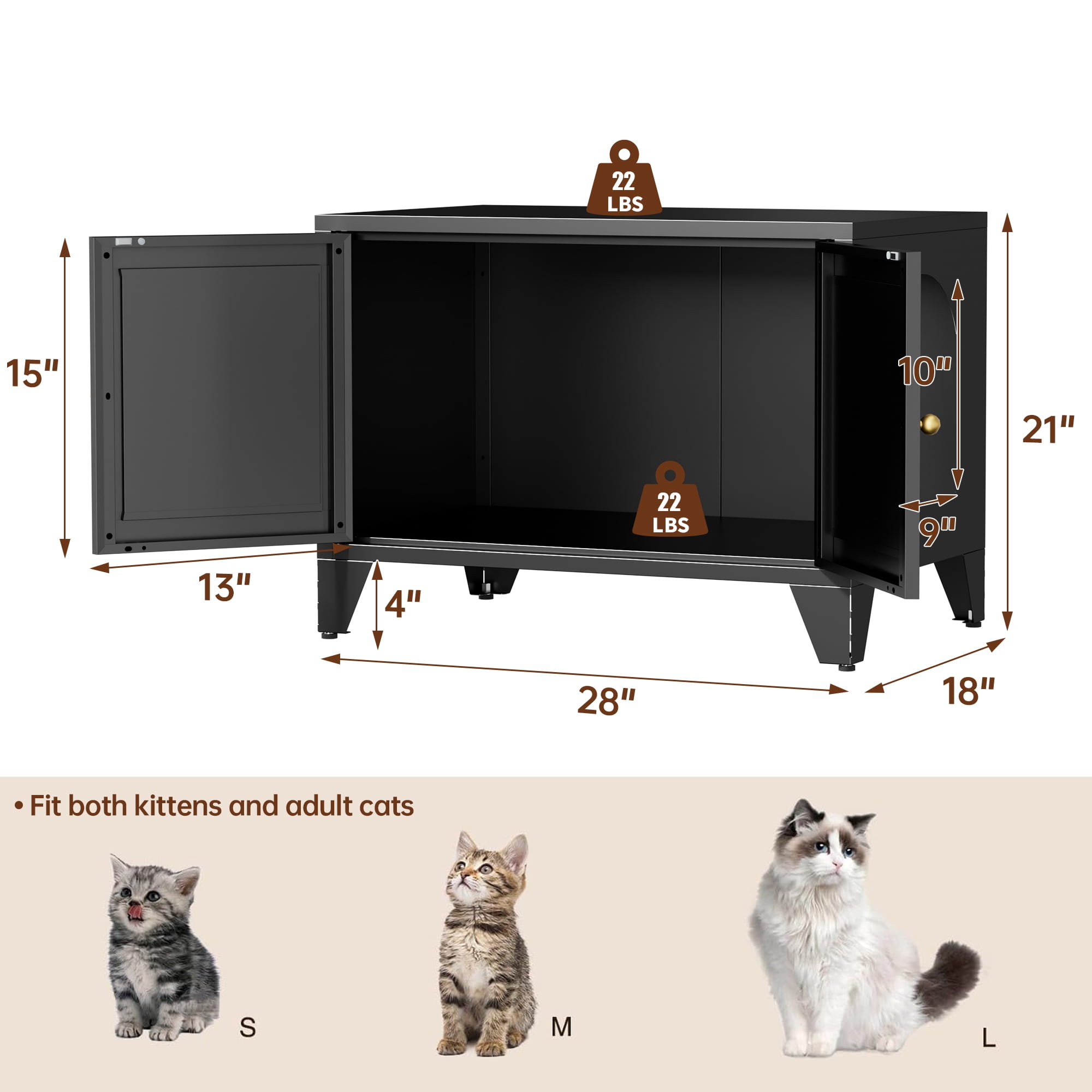 Modern Black Metal Cat Litter Box Enclosure, Hidden Litter Box Furniture Freestanding Pet Washroom Cabinet, Decorative Indoor Pet Side Table Fits Most Standard Litter Boxes