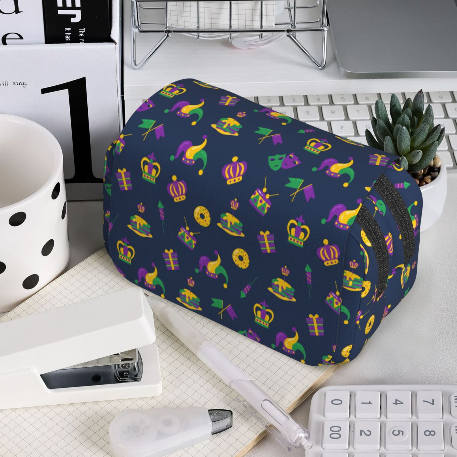 Rateoe Mardi Gras Carnival Pattern Double Clamshell Pen Case, Storage Organizer with Two Zipper Compartments– Holds Up to 50 Pencils & Pens