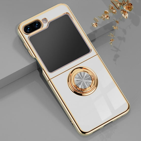 Design for Samsung Galaxy Z Flip 5 5G, Soft TPU Edge Plating 360 Degree Rotation Ring Holder Kickstand Protective Anti-Scratch Cover Magnetic Work with Car for Samsung Galaxy Z Flip 5, White