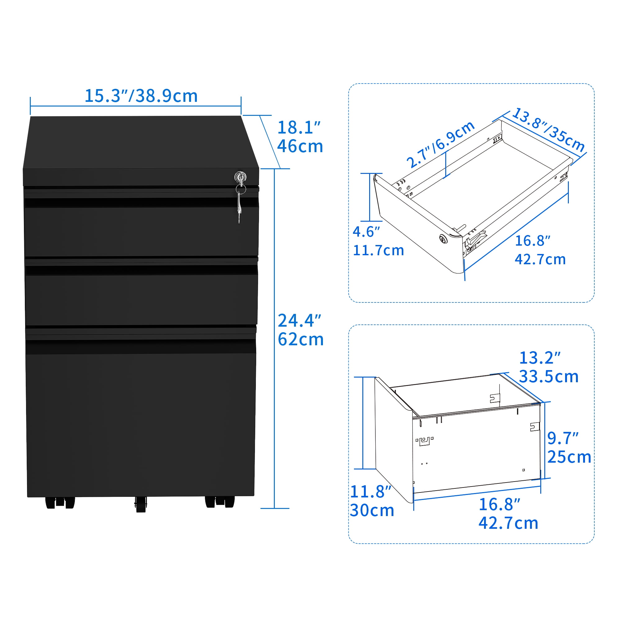 Dextrus Pre-Assembled Mobile File Cabinet with Lock, 3 Drawers, 15"W x 23"H x 19"D, 1 Piece