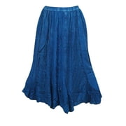Mogul Women's Blue Embroidered Elastic Wasit Long Rayon Skirt