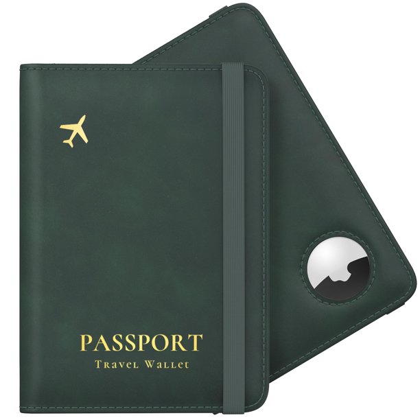 Funda para pasaporte Stouchi con ranura para Airtag y bloqueo RFID, color verde