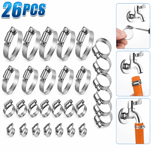 26PCS Stainless Steel Hose Clamps Assortment Kit, 1/4-2 in (6-51 mm) Adjustable Worm Gear Pipe Hose Clamp for Fuel Line, Plumbing, Automotive, Garden, Tube, Radiator, Mechanical Applications
