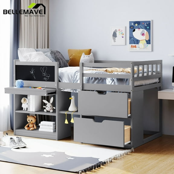 Low Loft Bed Twin Size with Rolling Desk, Storage Shelves and Chalkboard, Loft Bed with Storage Drawer and Full-Length Guardrail, Twin Loft Bed, Gray