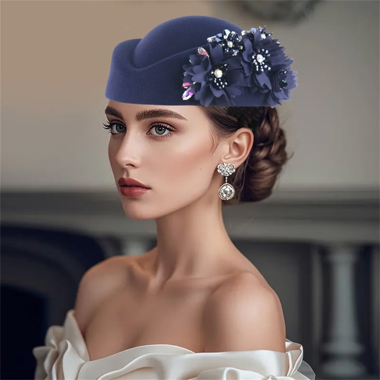 Navy Blue Pillbox Hat Vintage Style Church Wedding Fascinator Floral Mesh Veil BELLINDA - Navy Blue Pillbox Hat With Vintage Birdcage Veil  main image 3