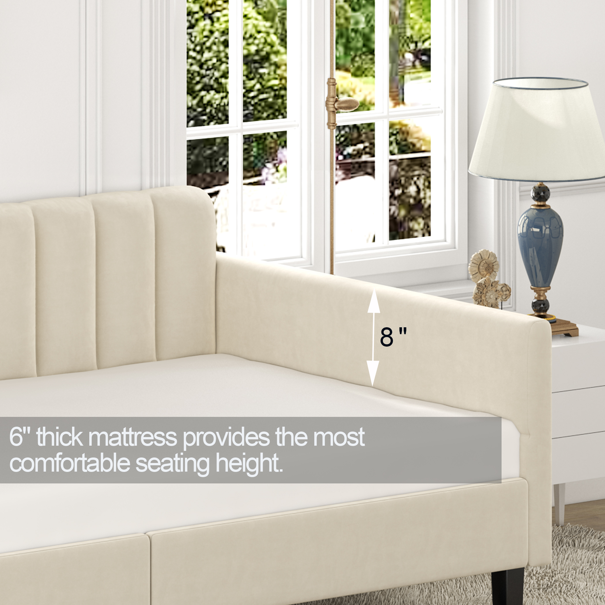 Miniyam Twin Size Upholstered Daybed, Sofa Bed Daybed Frame with Wood Slat Support for Living Room, Bedroom, White
