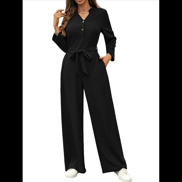 de Mujer de Larga con Cuello en V, Elegantes, Informales, de Pierna , para Otoño 2025. Negro L