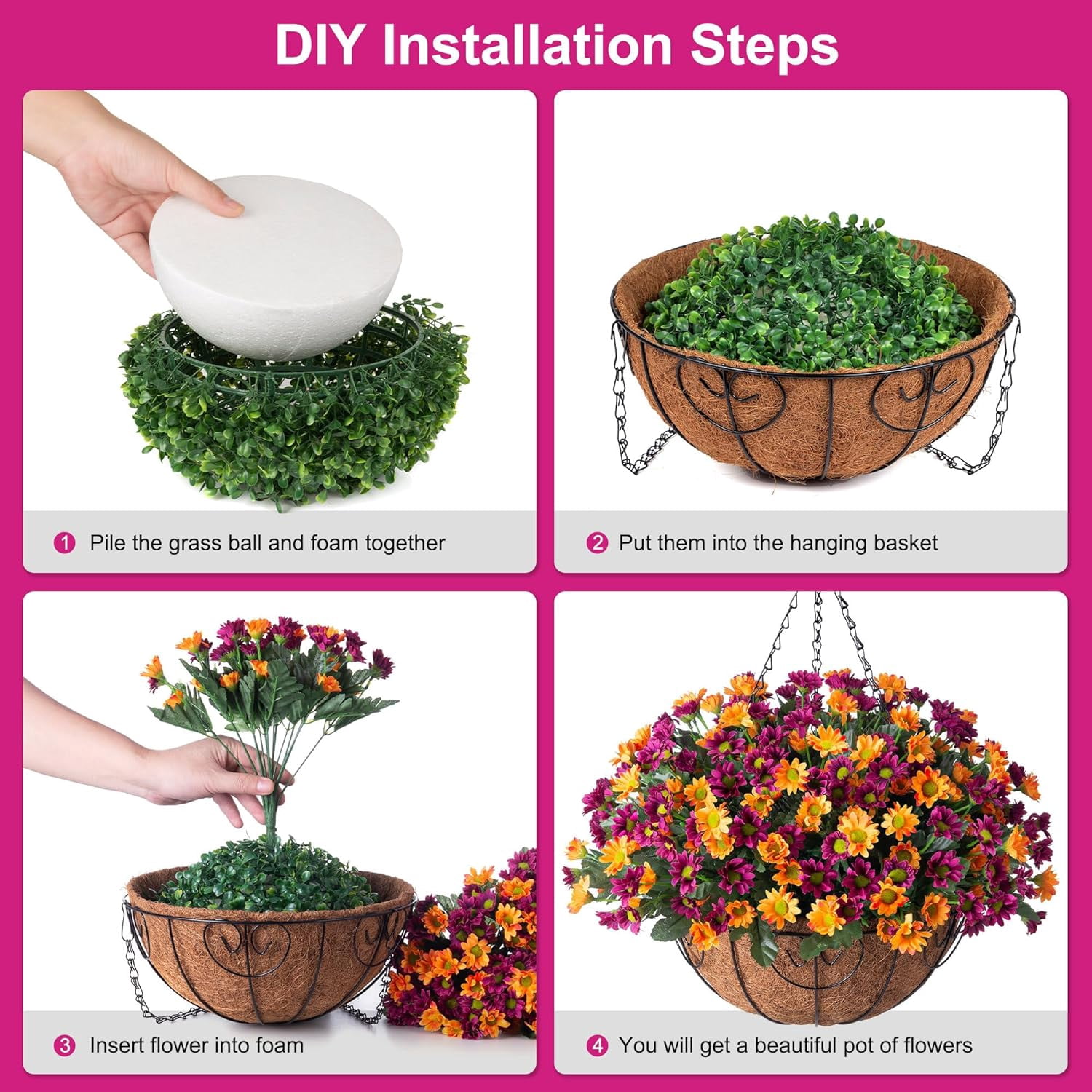 Artificial Hanging Flowers in Basket Patio Garden Porch Deck Spring Summer Decor, Faux Chrysanthemum Arrangement Fake Plants ines Coconut Lining Basket of Outdoor/Indoor Decor