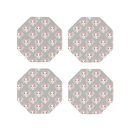 

Coasters Set of 4 - Cute Rabbit White Pink Flower Drink Coasters for Tabletop Protection Leather Coasters for Living Room Decor and Housewarming Gift Octagon