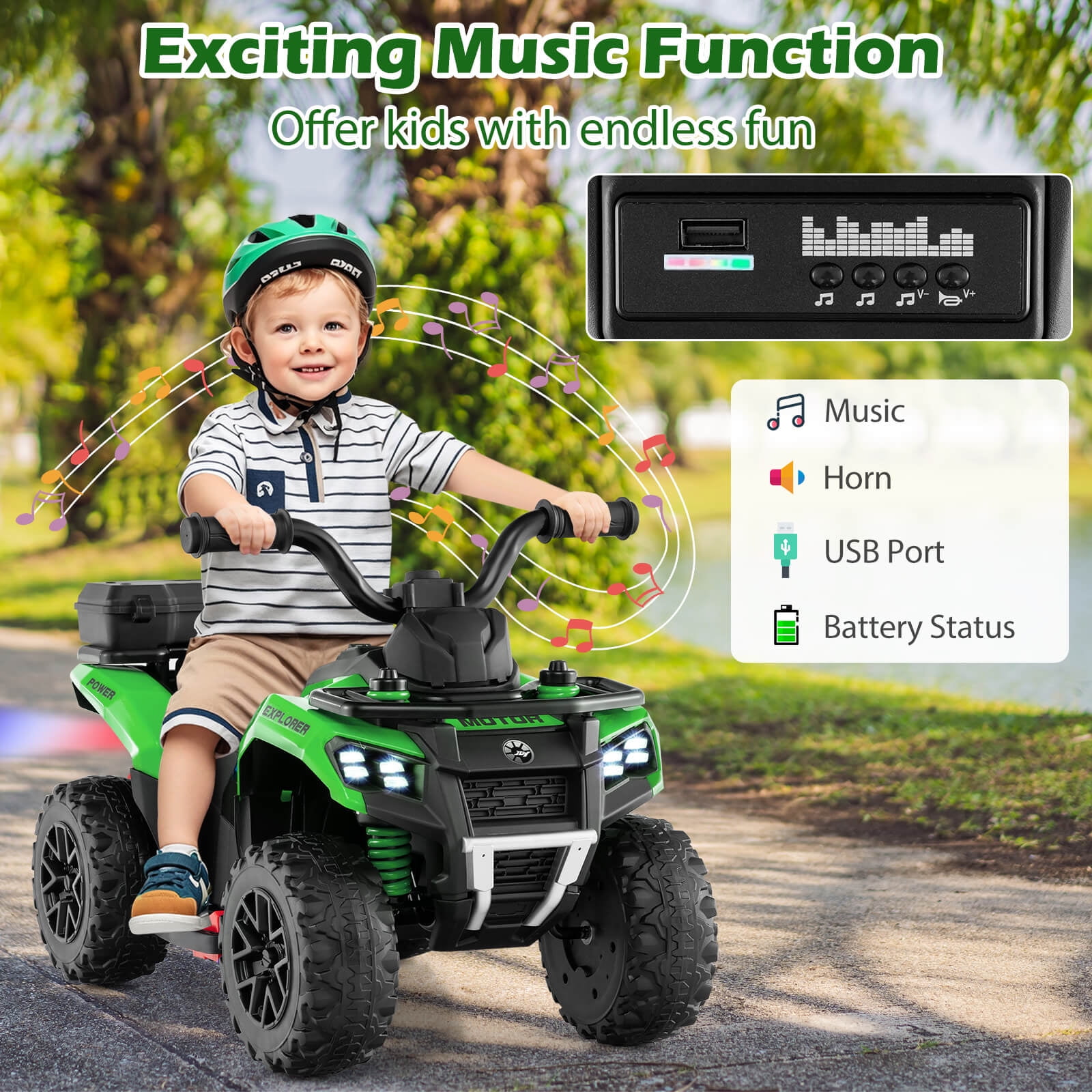 Infans 6V Kids Ride On ATV w/ Music & Spray Function USB Port Storage Box Toy Car