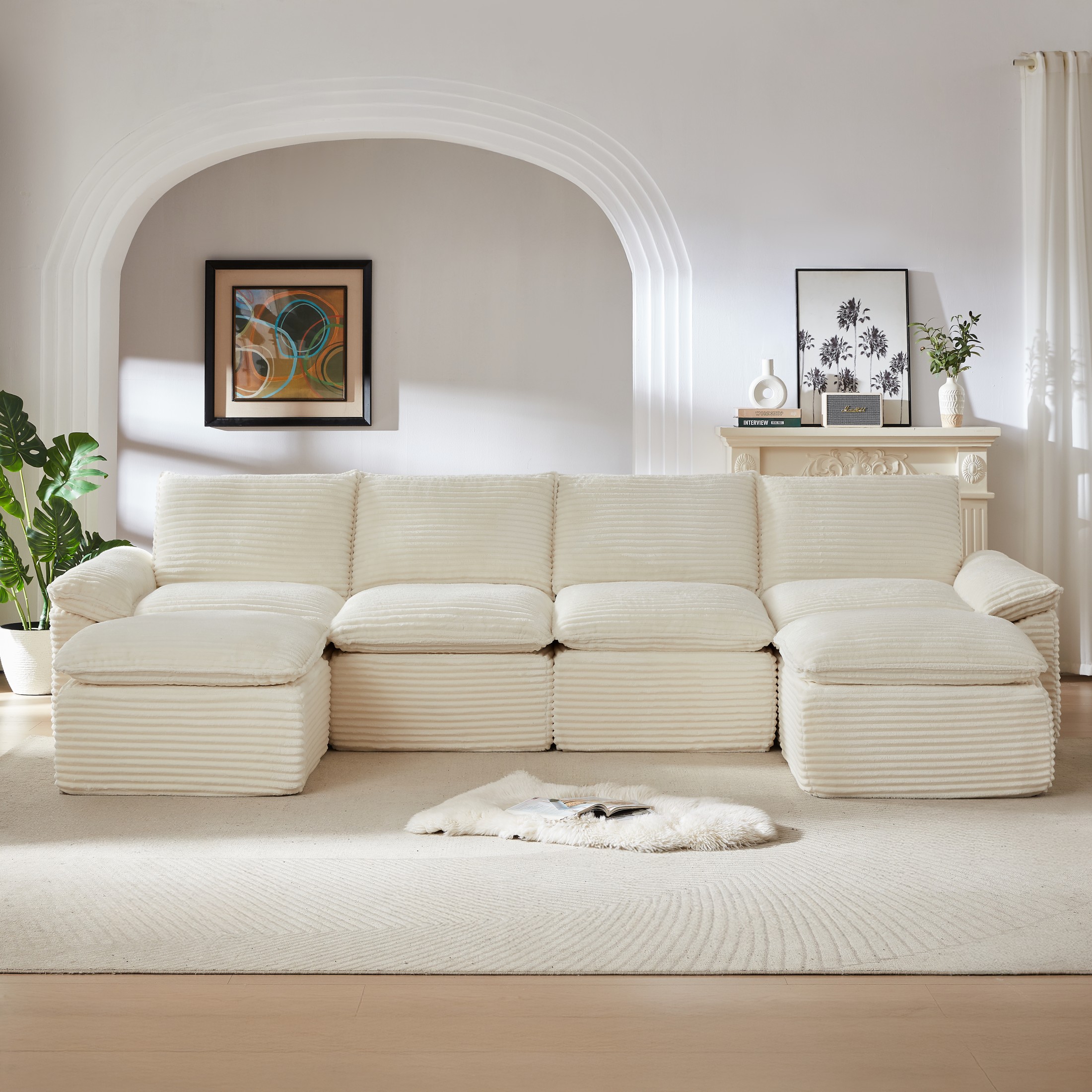 Aukfa 141.74" Oversized U-Shape Modular Sectional Cloud Sofa with Ottoman, Modern Comfy Deep Seat Corduroy Couch for Living Room, White
