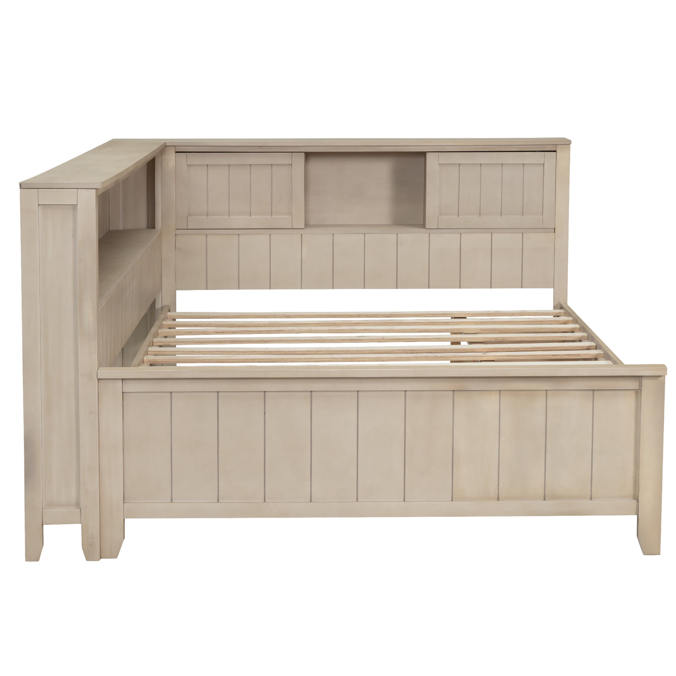 Noble House Full Daybed with Storage Drawers and Shelves, Wood Guest Bed Frame with Sliding Doors, Antique White