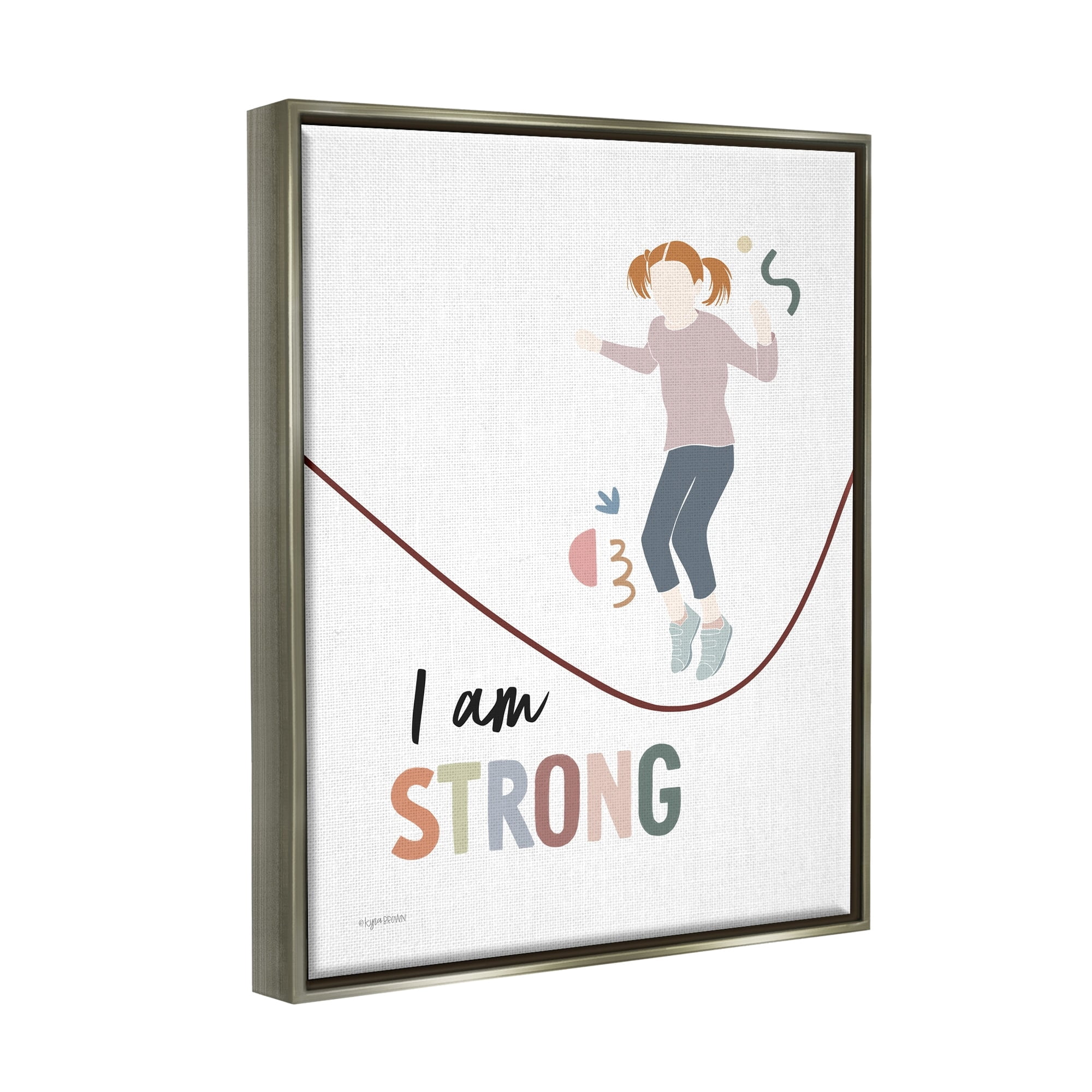 Stupell Industries I Am Strong Uplifting Girl Jumping Rope Phrase Graphic Art Luster Gray Floating Framed Canvas Print Wall Art, Design by Kyra Brown
