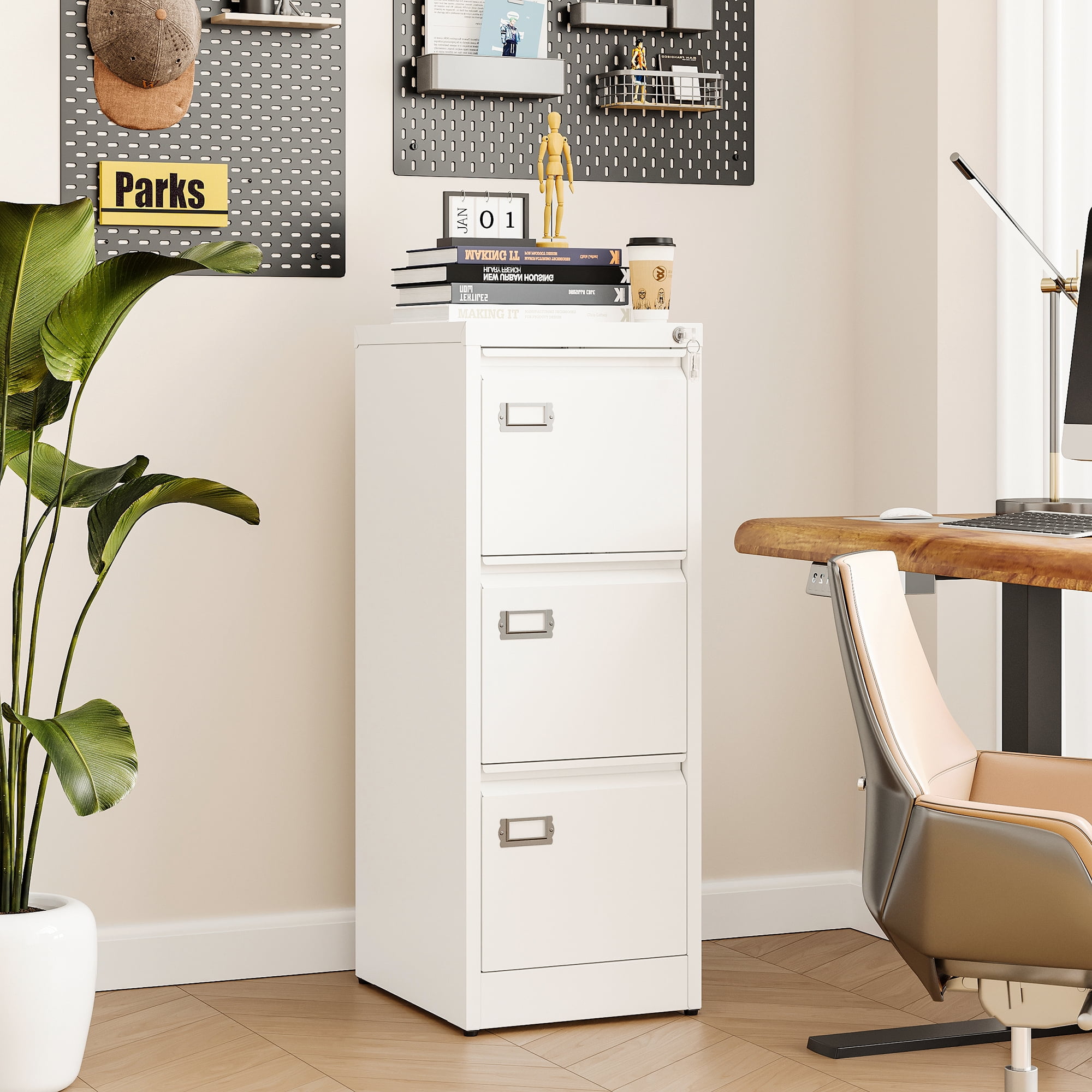 AUHUP 3 Drawer Metal File Cabinet with Lock, White Vertical Filing Storage Cabinet for Home Office