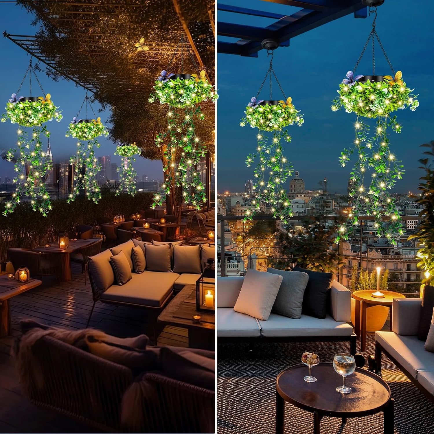 Solar Hanging Garden Lights, IP65 Waterproof Outdoor Hanging Artificial Plants Garden Lights with Artificial Ivy Flower Fairy String Lights for Patio Porch Balcony Spring Garden Decor (2PCS)