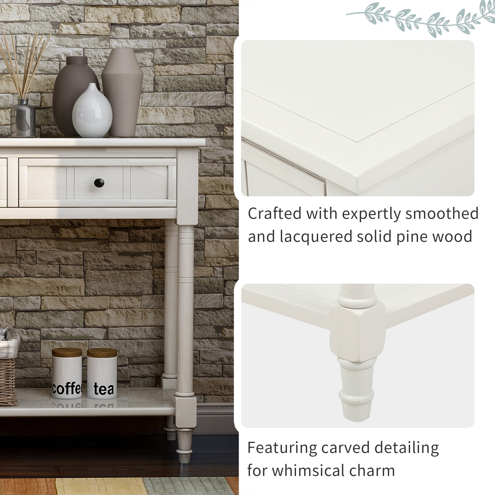 Wooden Console Table with 2 Drawers and Storage Shelf, Sofa Table Entryway Table Side Desk TV Stand for Living Room Hallway,Ivory White