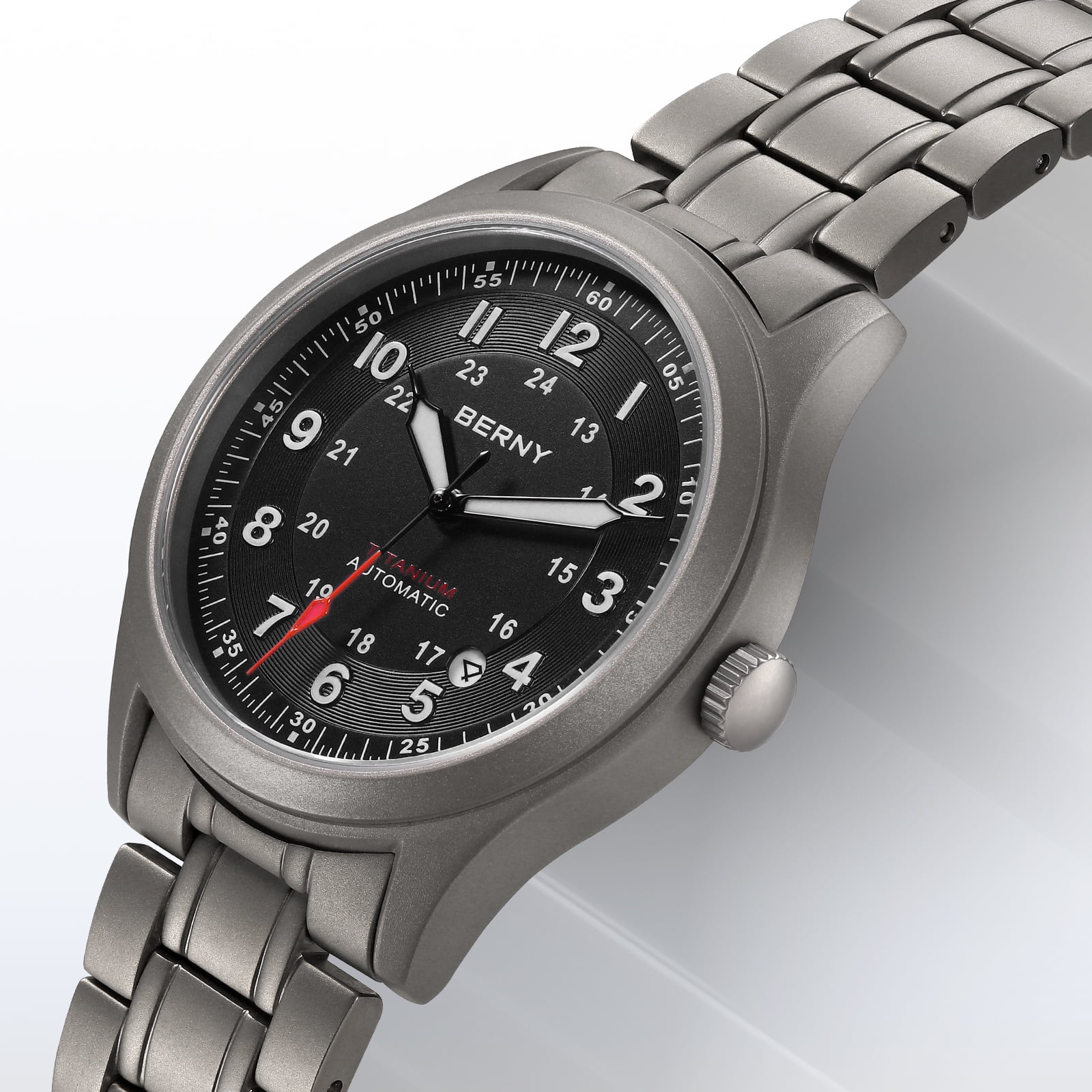 BERNY Automatic Watches for Men Military Sport Titanium Field Watch with Date Sapphire Crystal Luminous Fashion Analog Mechanical Watch 100M Waterproof Army Tactical Casual Wristwatch (Black)