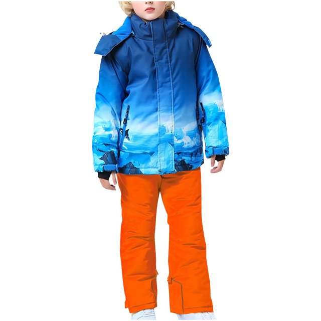 4-16 Years Fashion Kid's Girls Boys Ski Suit Windproof Warm Solid Color Skiing Set Orange