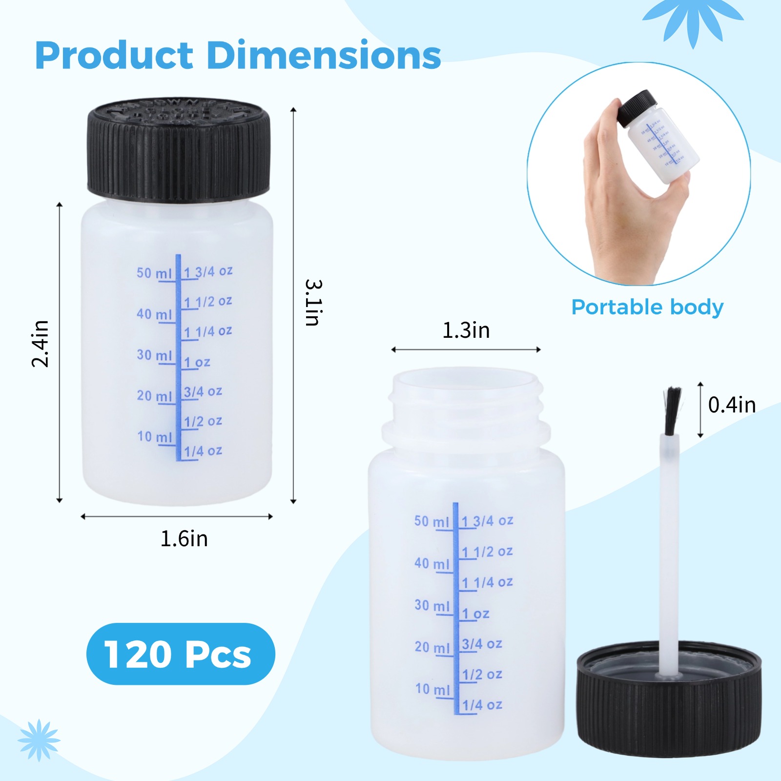 120 Pcs Paint Touch Up Bottles, 2 oz Empty Paint Bottles with Applicator Brushes, Safety Lids, and Mixing Balls, Plastic Leftover Paint Containers for Fixing Car Scratches, Stone Chips